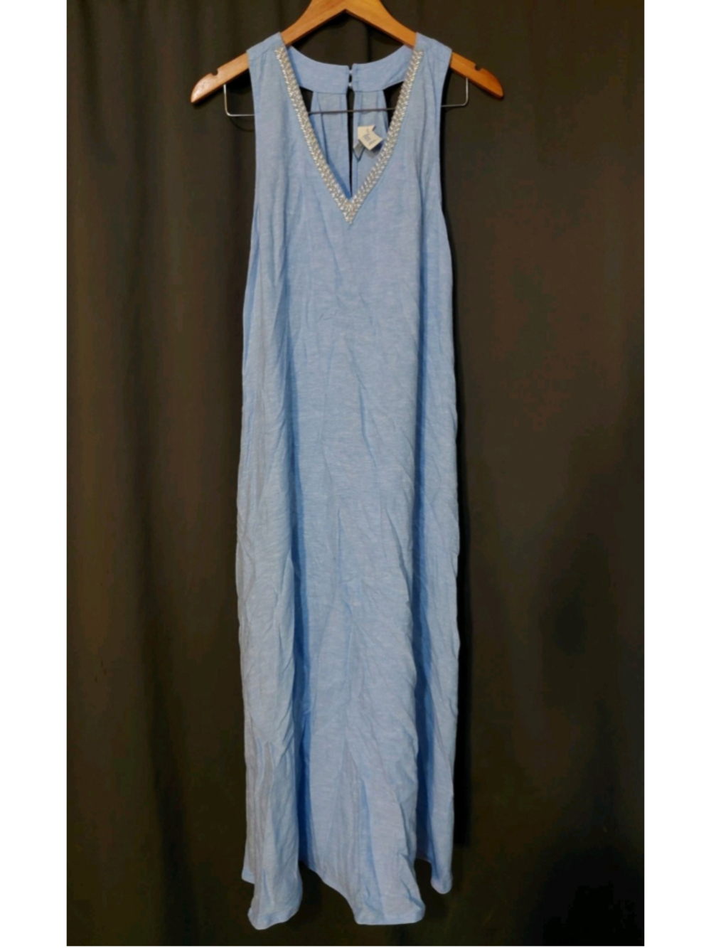 Calypso St. Barth Beaded Linen Tank Maxi Dress Light Blue Size Medium Pockets